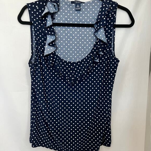 Chaps women’s size medium top navy white polka dot ruffle sleeveless blouse - Picture 1 of 5